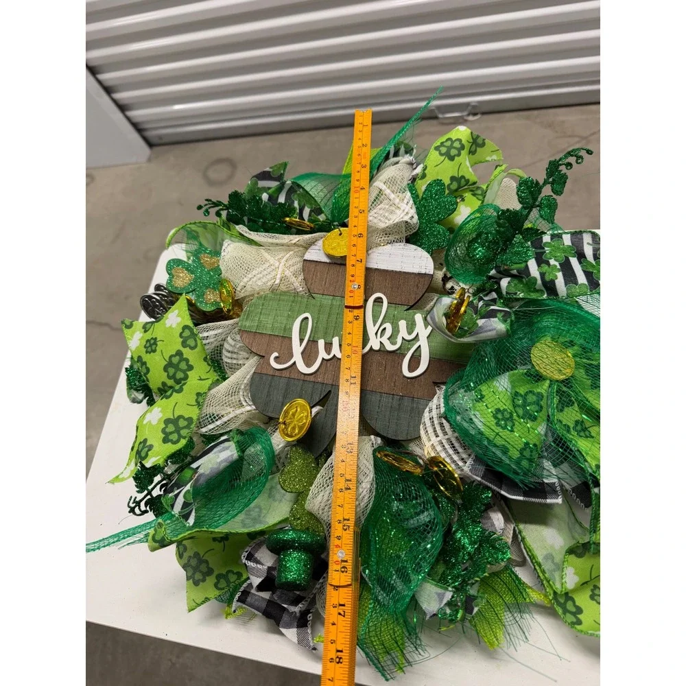 Handmade St Patricks Day Wreath Lucky Shamrock Deco Mesh Green Gold 18 Inch